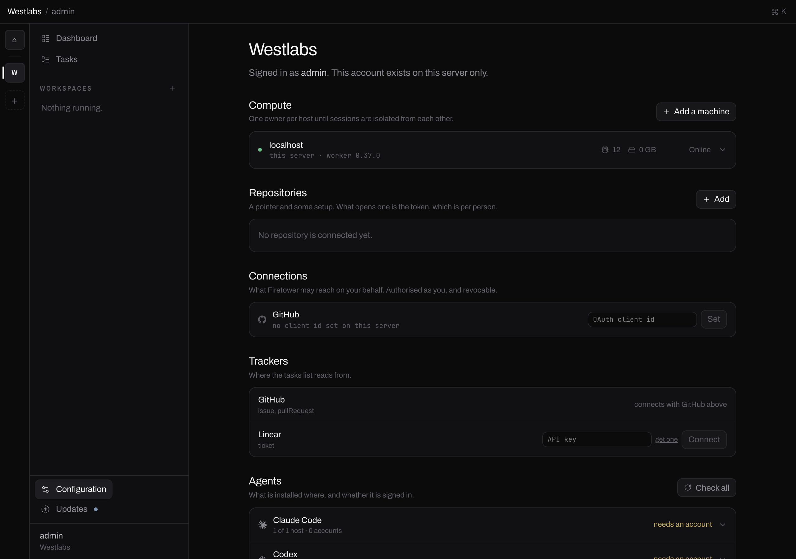 The Configuration page, with Compute, Repositories, Connections and Trackers sections