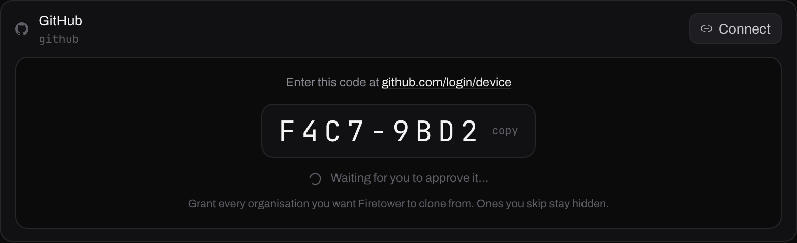 A device code shown in the app, waiting to be approved at github.com/login/device
