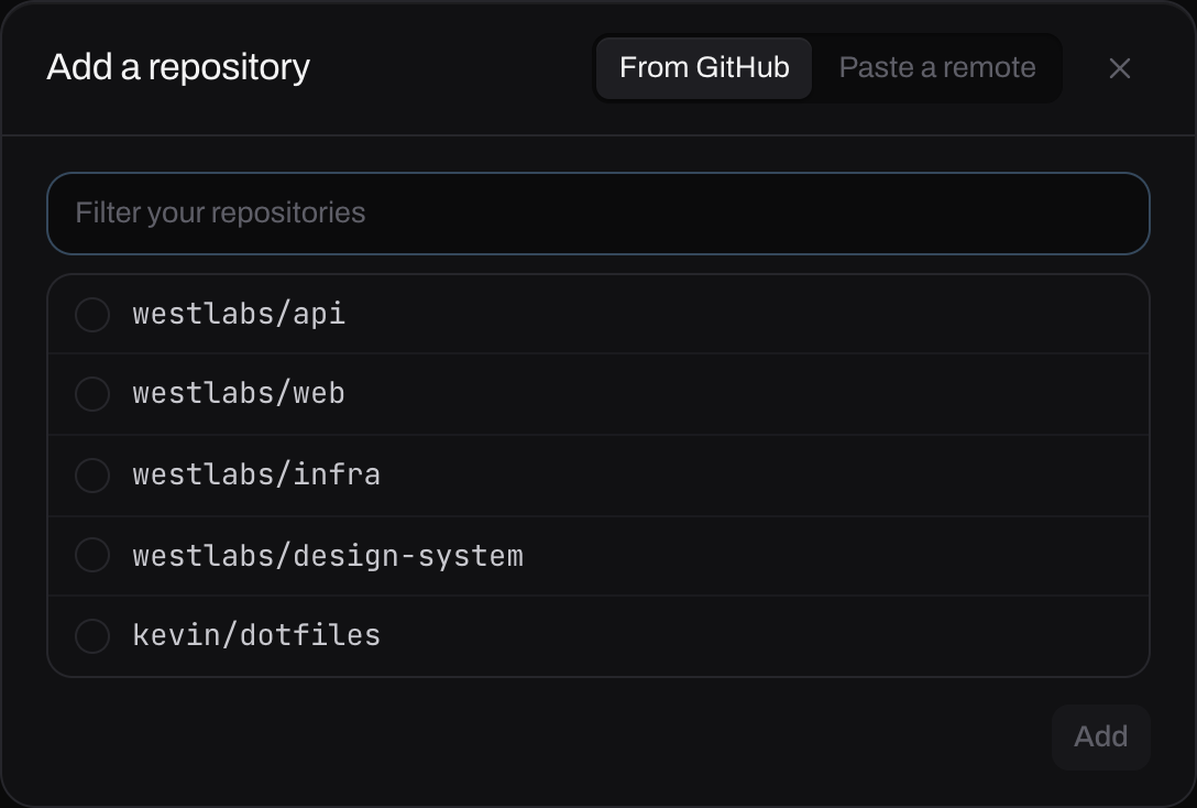 The Add a repository dialog, listing repositories from GitHub with checkboxes