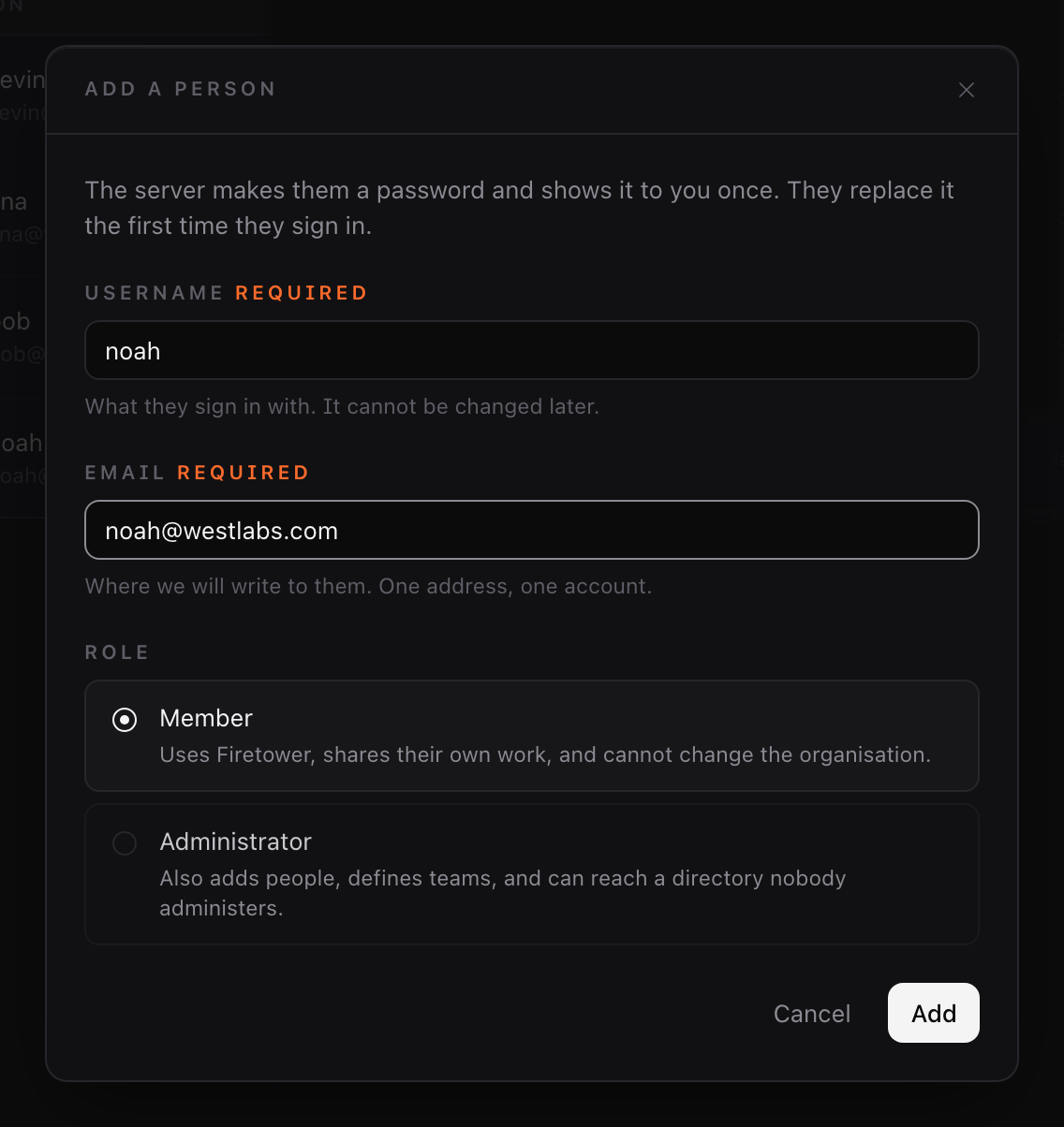 The Add a person sheet: username, email, and a choice between Member and Administrator