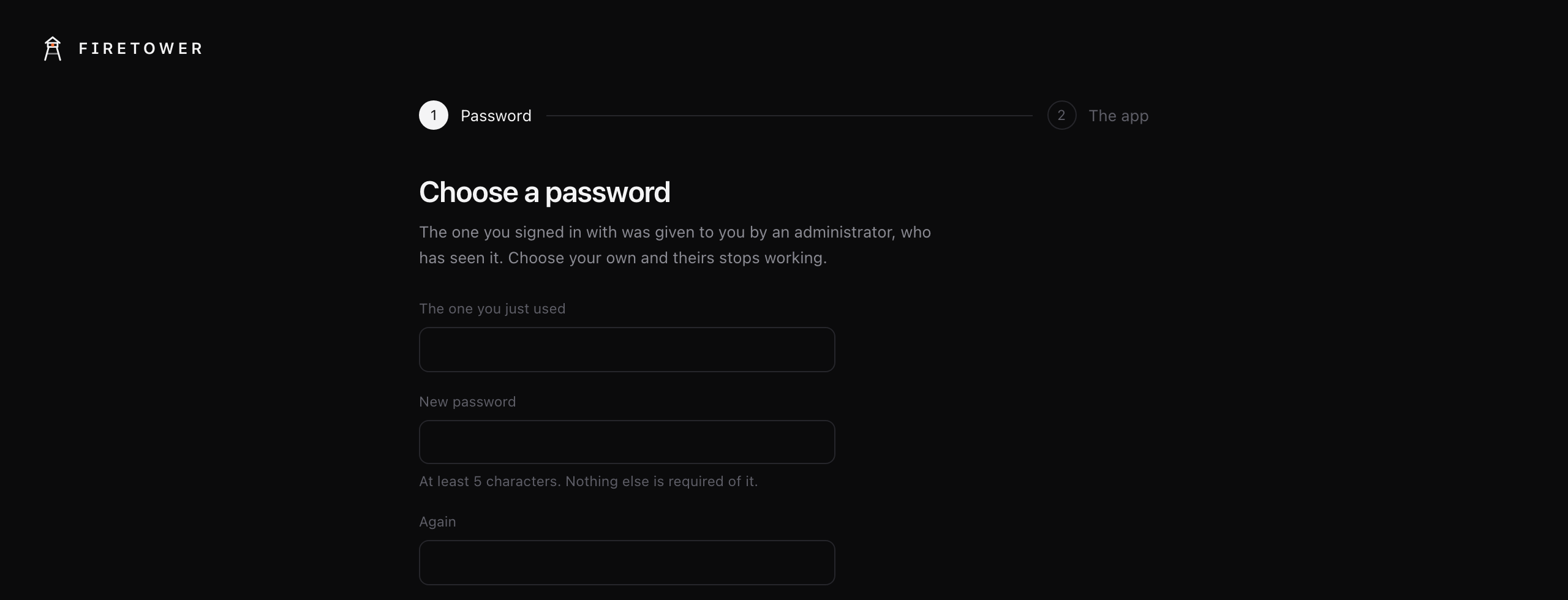 The Choose a password step: the one you just used, a new password, again, and Save and continue