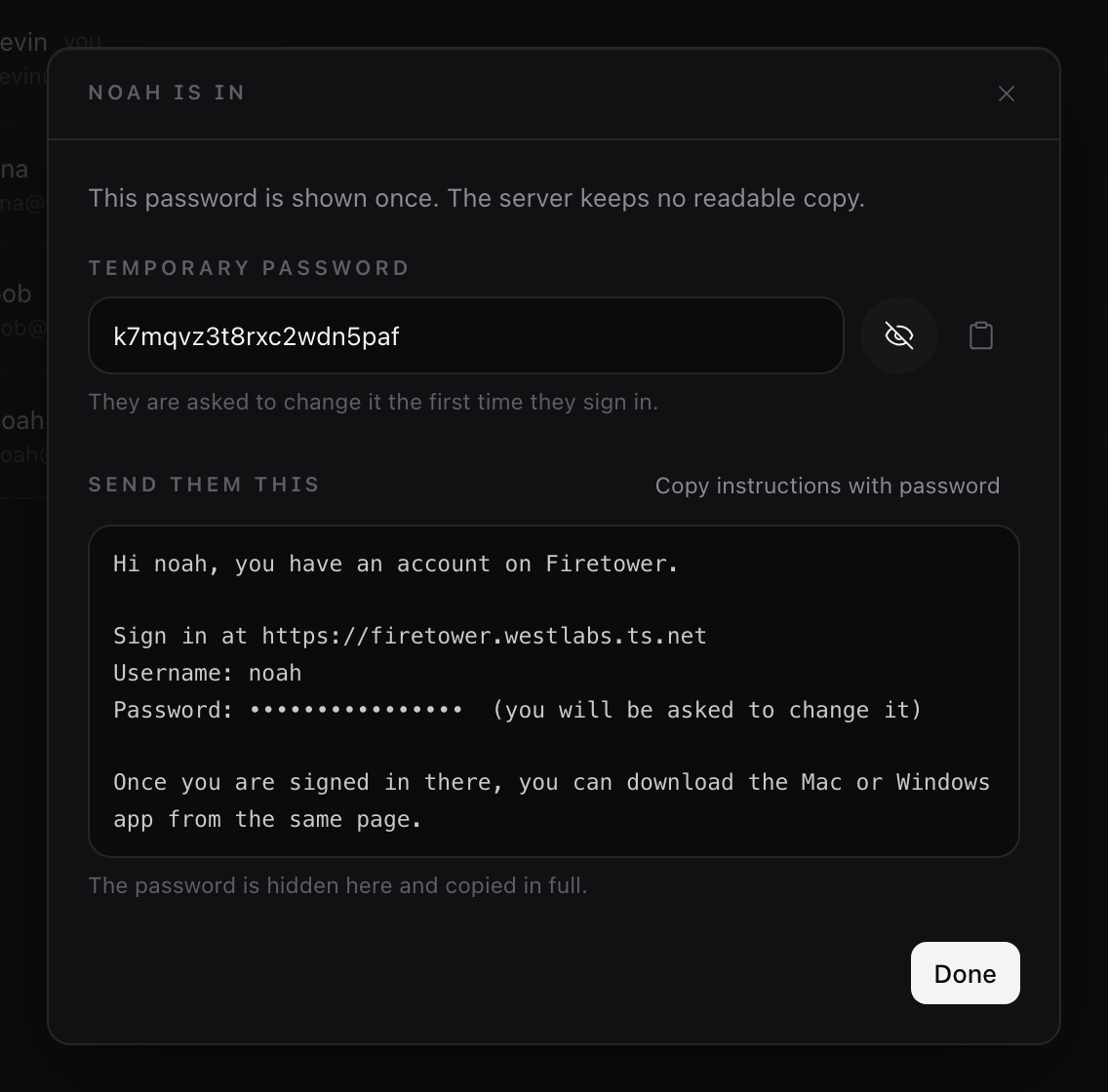 The sheet after adding somebody: a temporary password with buttons to reveal and copy it, and a prepared message with the sign-in address, the username and the password hidden