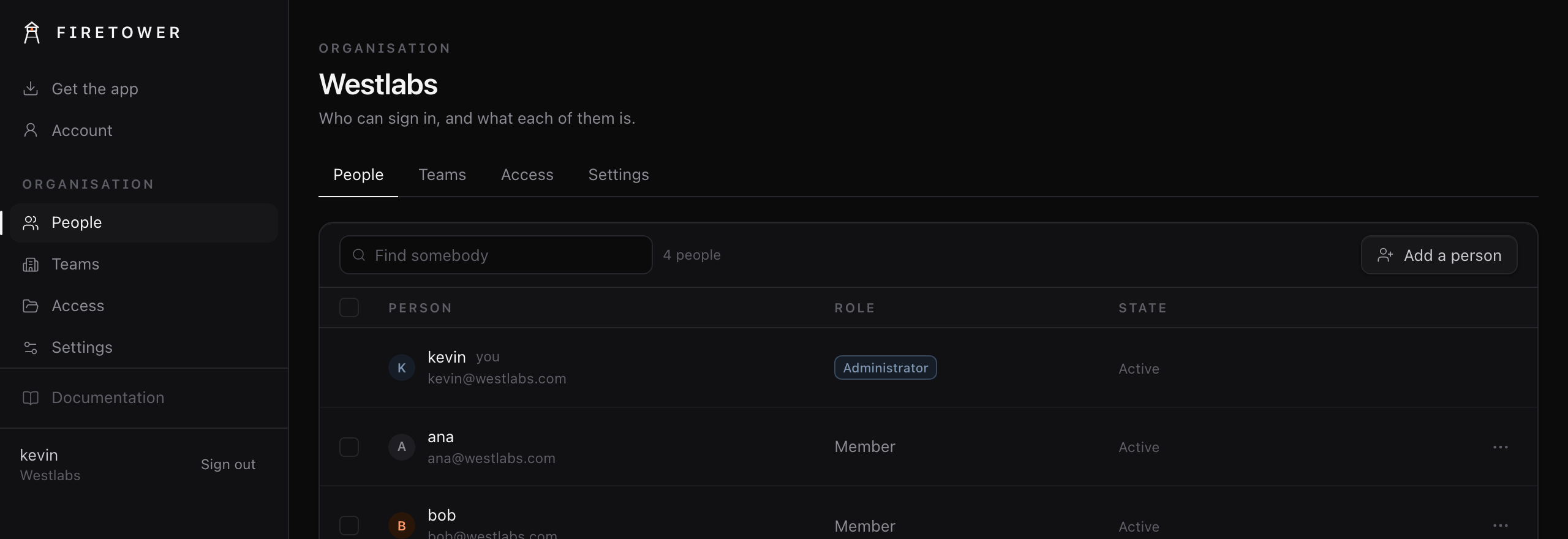 The People screen in the web administration panel: four people with their email, role and state, a search box, and an Add a person button