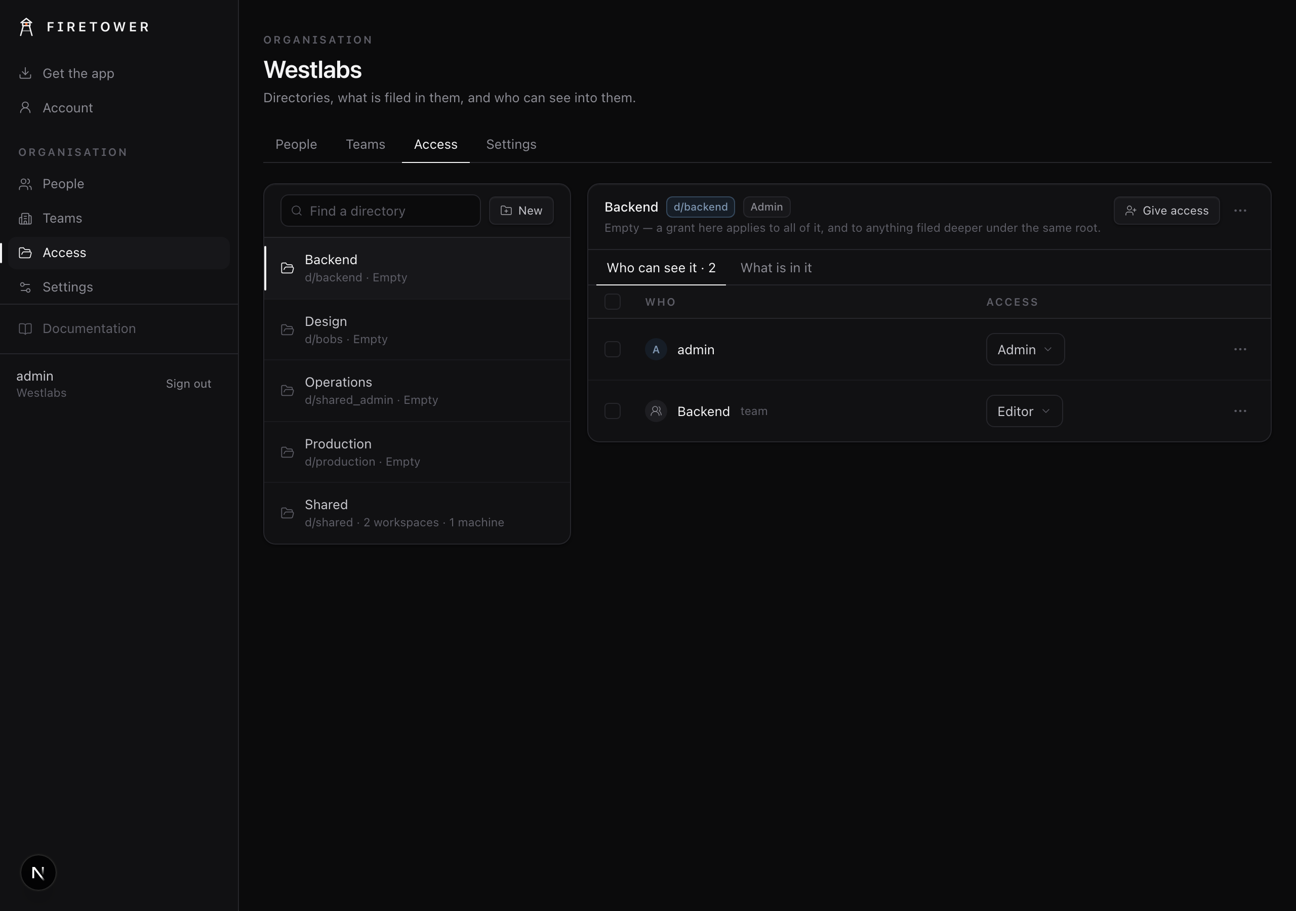 The Access screen, listing directories with what is filed in each and who can see into them