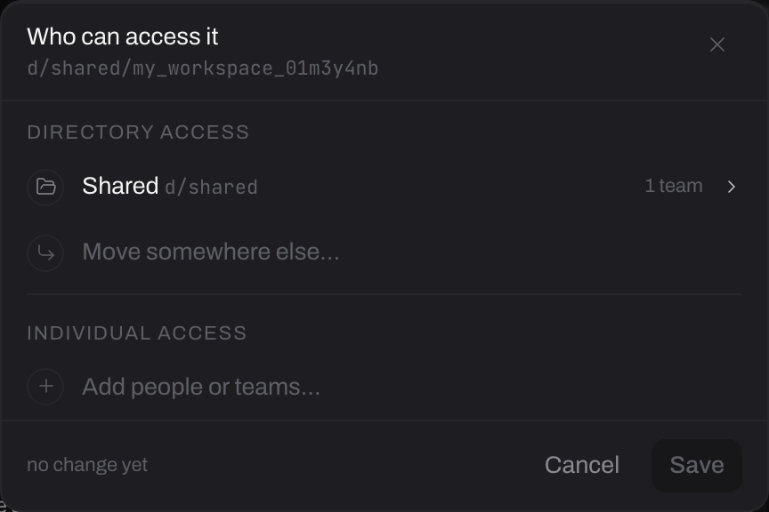 The sharing panel: Directory access with a Move somewhere else button above Individual access with Add people or teams