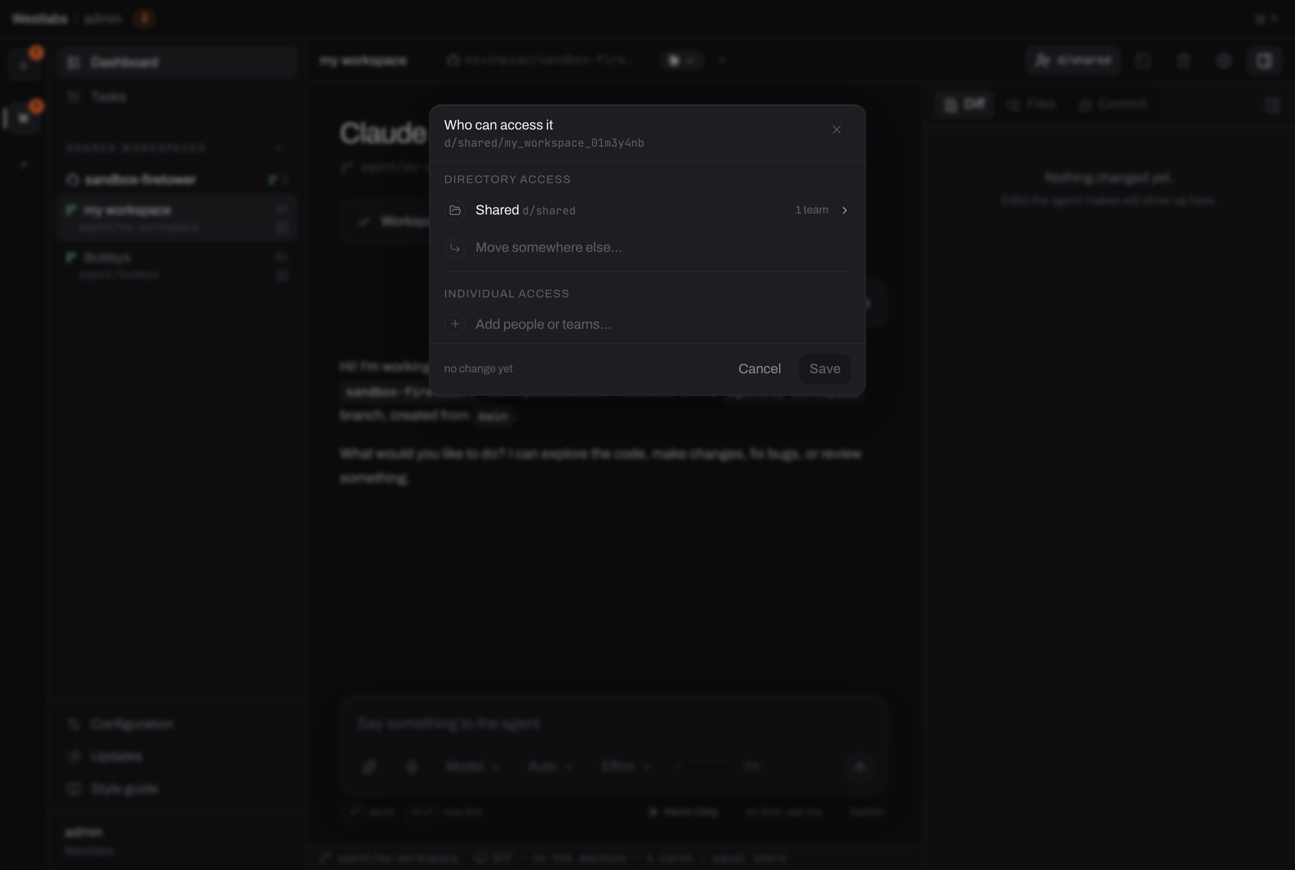 The sharing panel, showing Directory access with a Move somewhere else button, and Individual access with Add people or teams