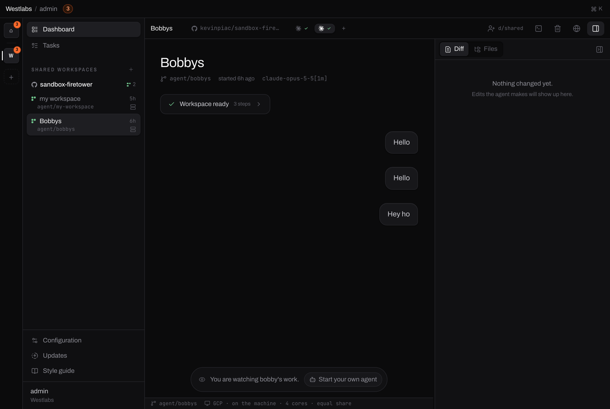Somebody else's conversation open in the app: the transcript is readable and in place of the composer there is a line reading you are watching this work, with a button to start your own agent