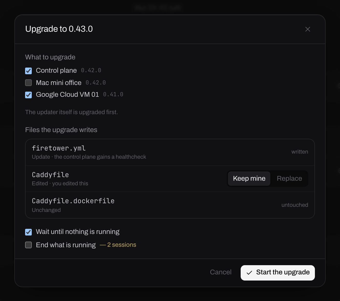 The upgrade sheet: checkboxes for the control plane and each machine, a list of the deployment files the update writes with a keep mine or replace choice, and two checkboxes about running sessions