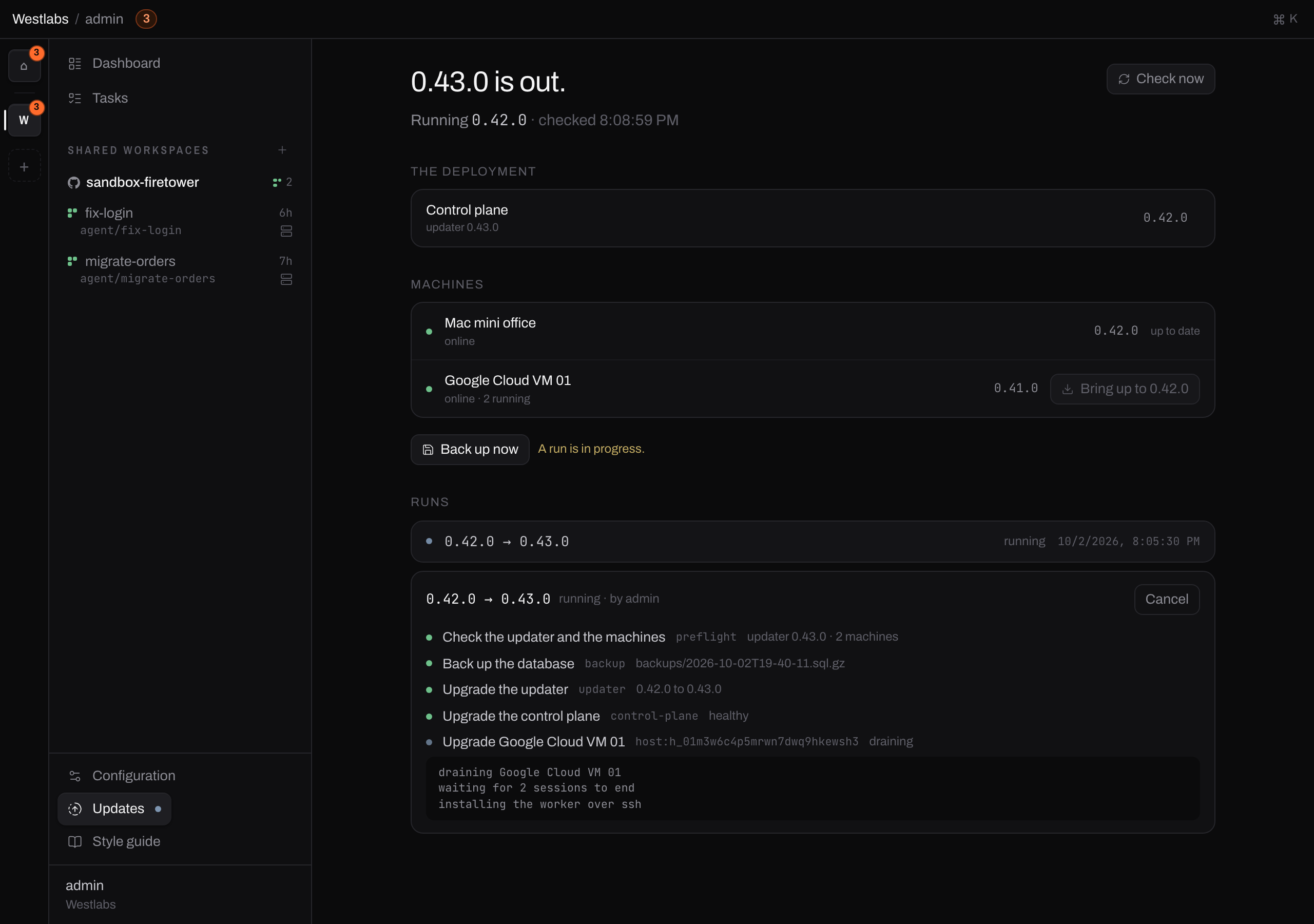 A run open under Runs: the preflight check, the database backup, the updater, the control plane all done, and the machine still going with its log underneath