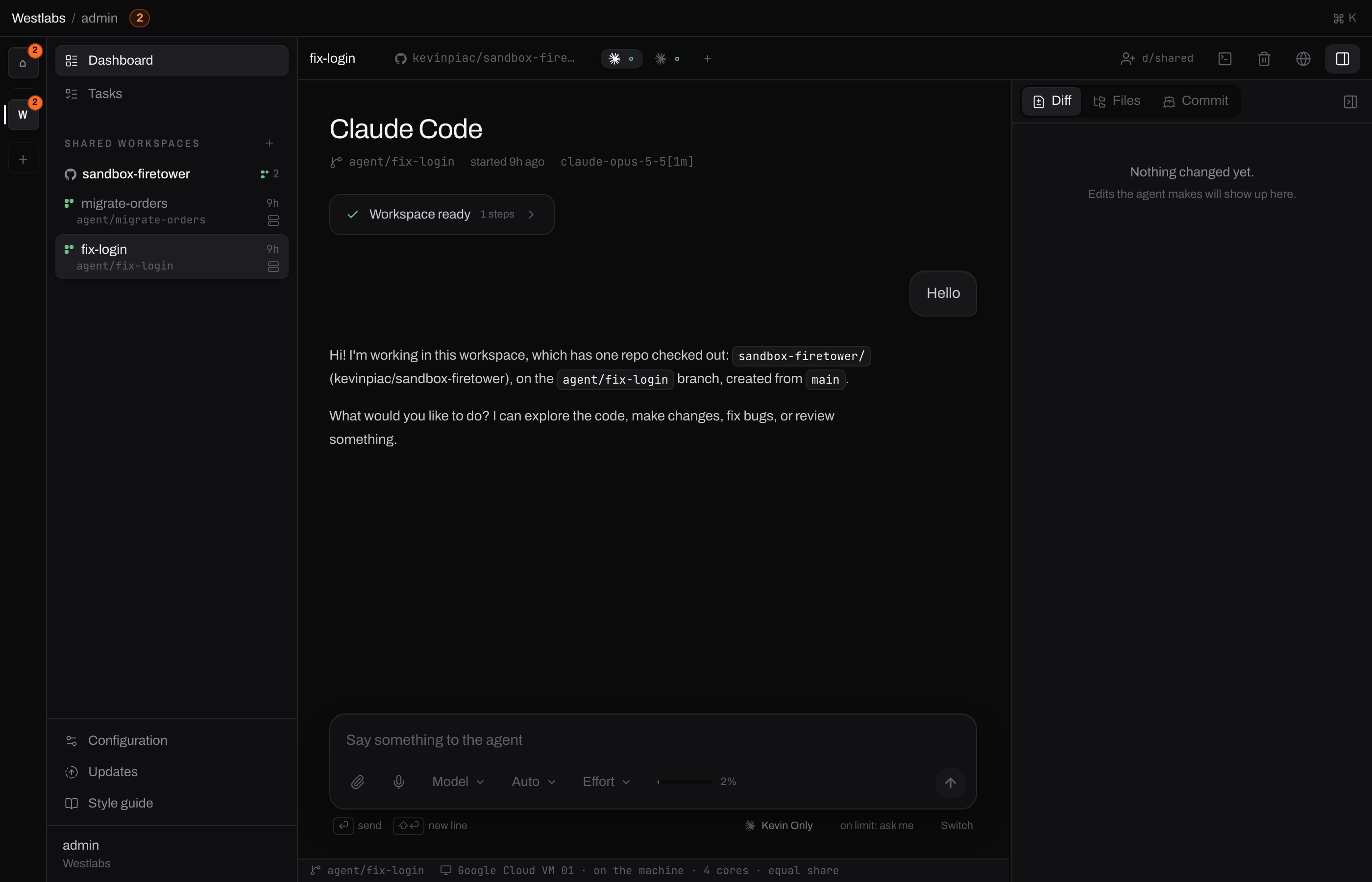 A workspace open in the app: its name and repository on the left of the toolbar, two agent chips beside them, the open agent's transcript in the middle, and the diff on the right